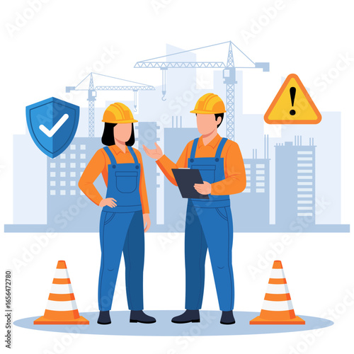 Illustration of male and female construction workers discussing safety, symbolizing teamwork, occupational safety, and building security.