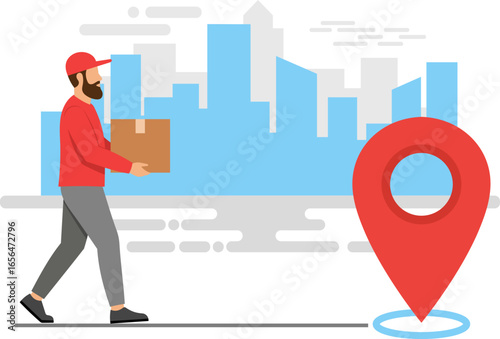 Illustration of a delivery man with a box and location pin, symbolizing logistics, delivery service, and fast shipping.