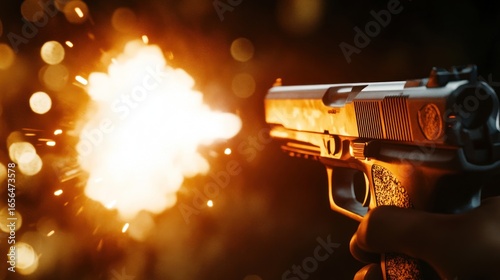 A hand holds a gun firing, with a bright flash