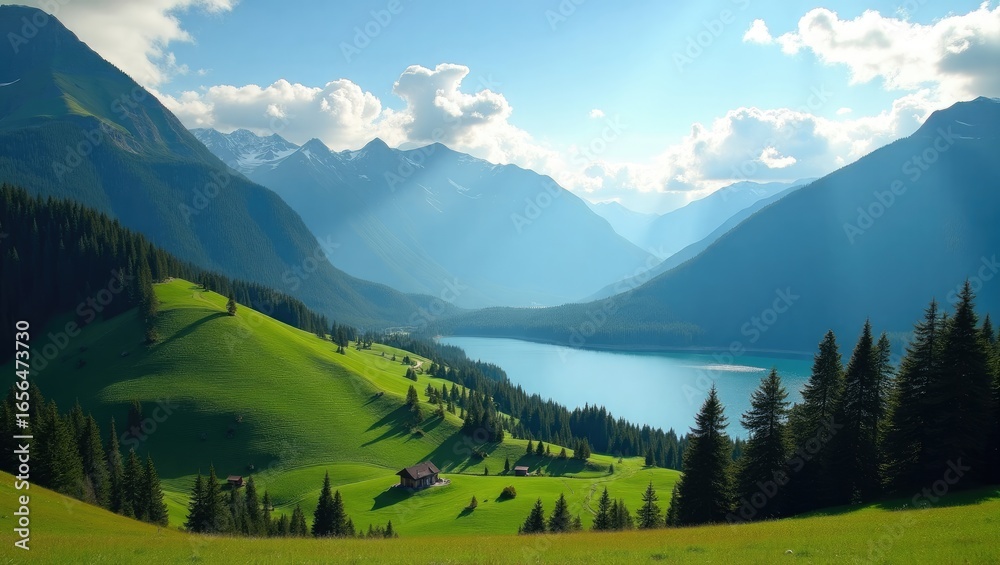 Fototapeta premium Lush green valley nestled between towering mountains by a serene lake.