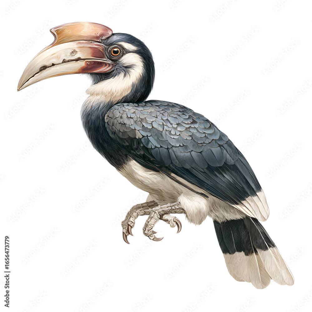 Fototapeta premium Hornbill: Large-billed bird with a casque on its beak, isolated on a transparent background. --v 7.0