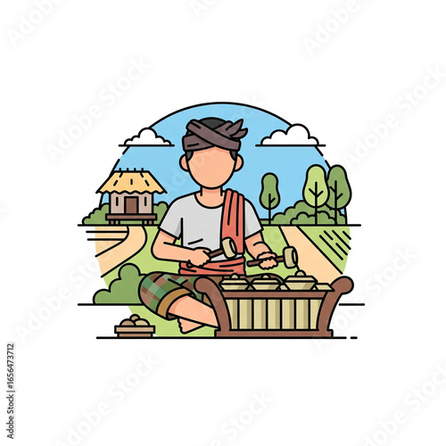 Flat icon illustration of villager playing gamelan instrument in rural setting
