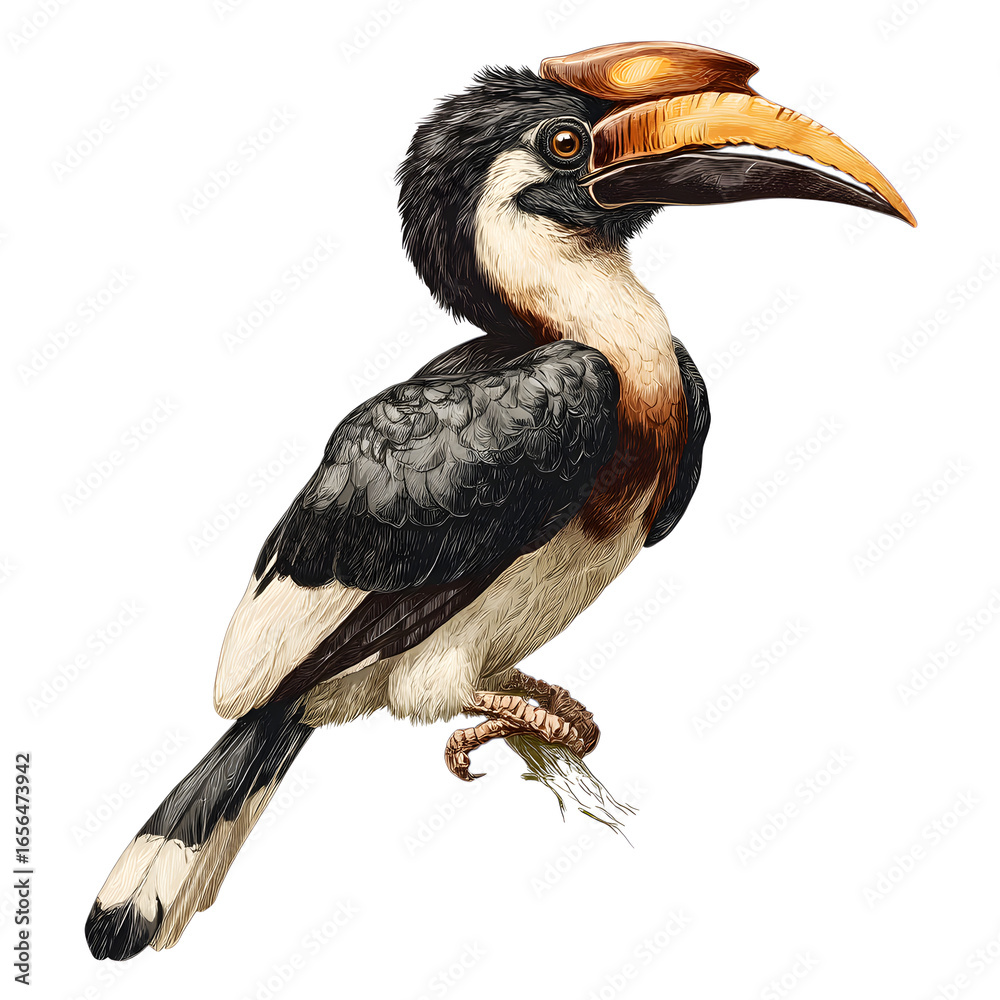 Fototapeta premium Hornbill: Large-billed bird with a casque on its beak, isolated on a transparent background. --v 7.0