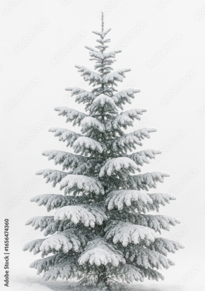 Fototapeta premium Snow-covered evergreen tree stands tall.