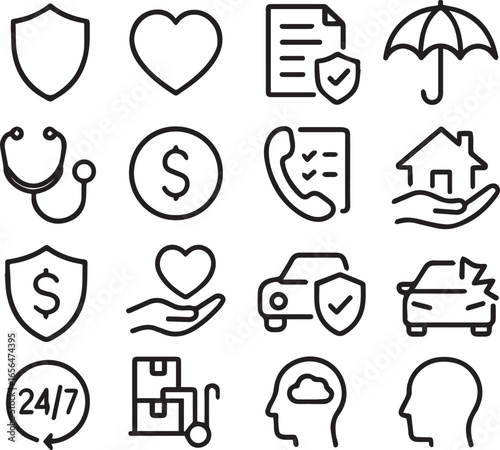 Healthcare, Insurance, and Service Support Icons – Black Minimalist Vector Set