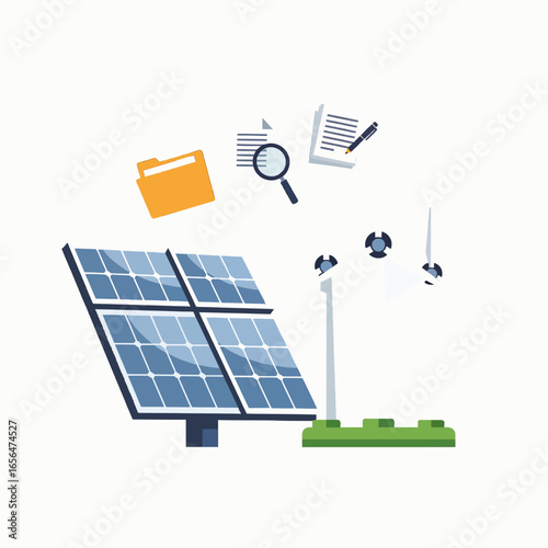 Renewable energy solar panels and wind turbines  Minimal Flat Vector Illustration for sustainability, renewable energy, eco, templates, and brandless design