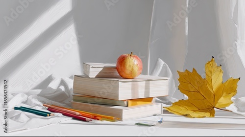 Apple, Stacked Books, Colored Pencils & Yellow Maple Leaf on White Table: Minimalist Style with Bright Colors and Strong Light & Shadow