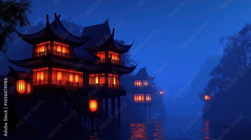 Obraz premium A serene night scene featuring traditional Asian-style pagodas illuminated by warm lanterns, set against a tranquil water backdrop, This image is perfect for travel, culture, and relaxation themes,