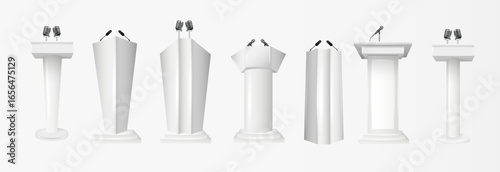 Podium tribune with microphones isolated on transparent background. Design rostrum stands. Abstract concept graphic element for business presentation, conference. Vector