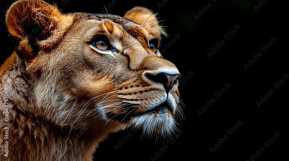Obraz premium Majestic lioness head in profile against dark background showcasing intense blue eyes, detailed facial features and golden-brown fur in dramatic lighting.