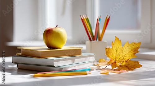 Apple, Stacked Books, Colored Pencils & Yellow Maple Leaf on White Table: Minimalist Style with Bright Colors and Strong Light & Shadow