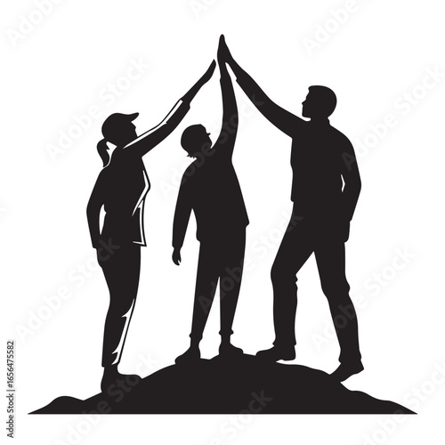 Three people giving a high five in celebration of success and teamwork, symbolizing unity and achievement