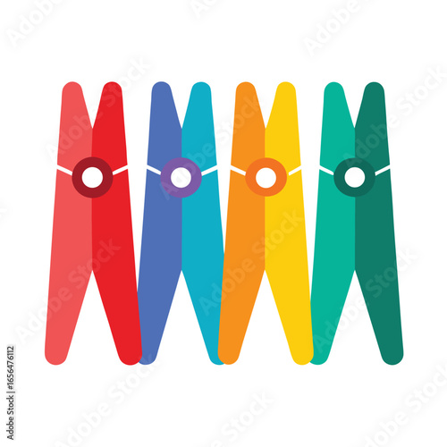 A vibrant and colorful collection of realistic wooden and plastic clothes pegs perfect for laundry and craft projects presented as a clean vector illustration