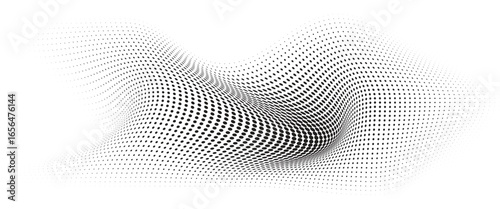 Flowing Wave Dot Halftone Pattern: Curve Gradient Shape on Transparent Background. Suitable for AI, Tech, Network, Digital, Science, and Technology Themes.