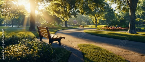 Fototapeta Naklejka Na Ścianę i Meble -  Serene park scene with sunlit bench and winding pathway at golden hour