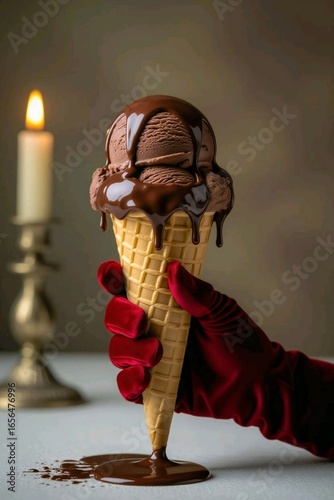Decadent chocolate ice cream cone, syrup dripping, held by hand in red velvet glove, softly lit by candle, an inviting and luxurious sweet dessert.