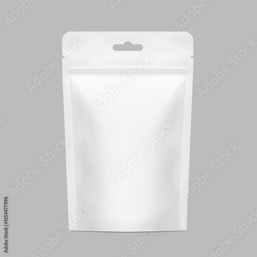 Realistic stand up pouch bag mockup with euro slot. Vector illustration isolated on white background. Ready for your design. EPS10.