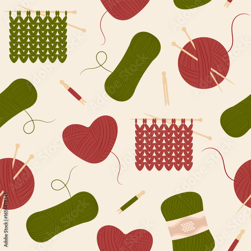 Seamless pattern of knitting pale red and green yarn, skeins, wool winder and wooden knitting needles on a light background. Vector editable background.