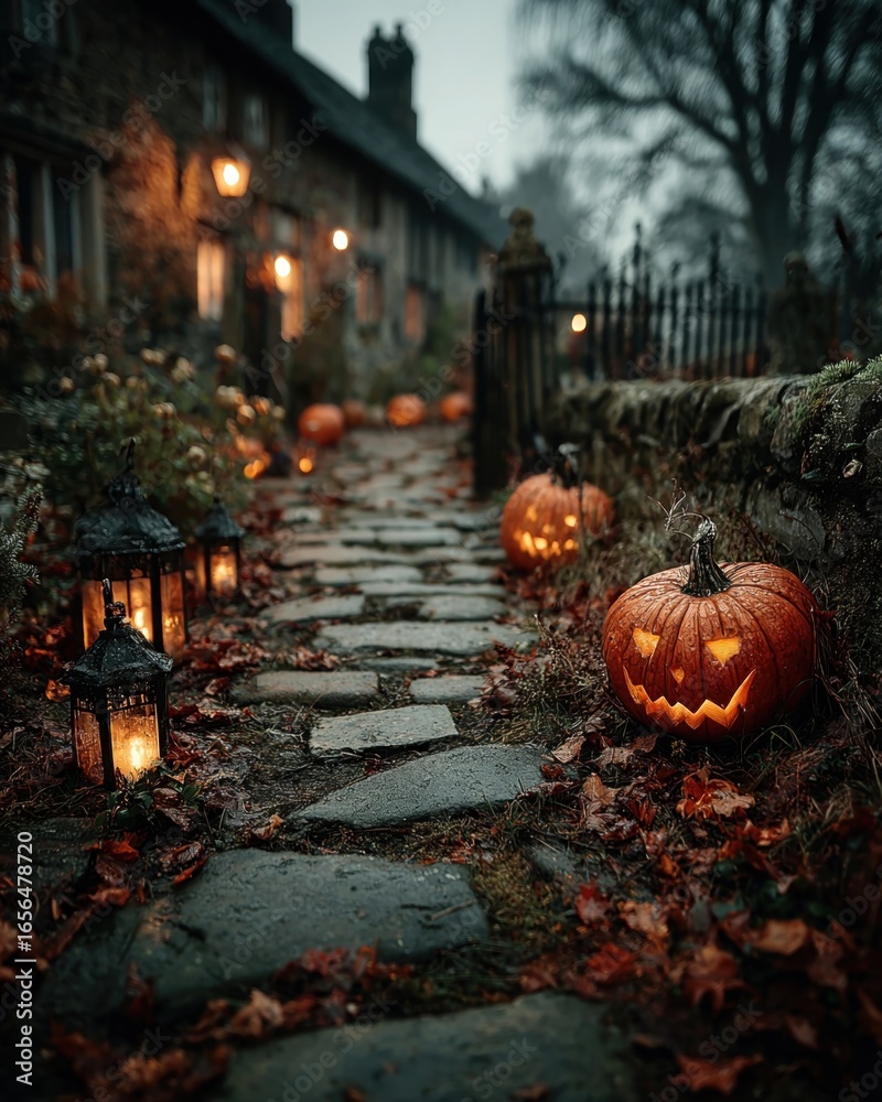 Obraz premium Halloween pumpkins arranged in graveyard setting