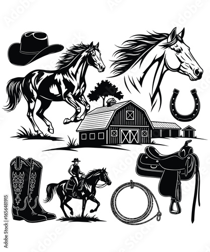 Black and white vector illustration of western horse-riding icons