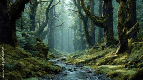 Misty forest path with flowing stream. Lush greenery and mossy trees