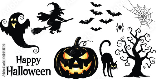 Spooky Halloween design elements for your festive projects featuring ghost, witch, pumpkin and black cat