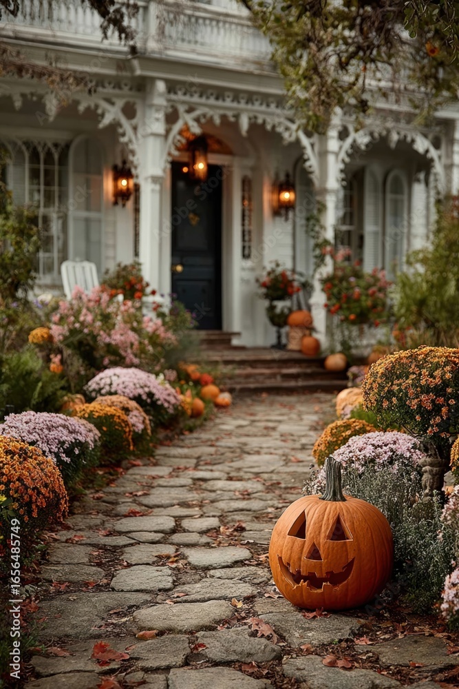 Obraz premium Jack-o'-lanterns and flowers on decorated front porch