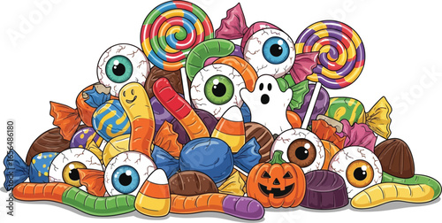 Spooky Halloween candy assortment featuring eyeballs, ghosts, and pumpkins for festive fun