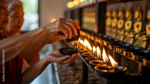 Elderly Women Pouring Oil into Candle Lamps in a Row within a Dim Lit Interior Creating a Warm and Serene Atmosphere for Buddhist Prayers