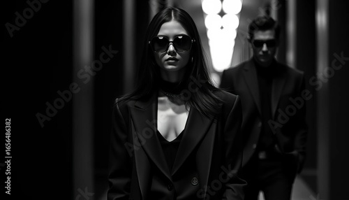 Monochromatic fashion image; dark attire, sleek style,  portrait,  apparel