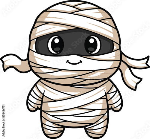 Adorable cartoon mummy character smiling happily ready for Halloween fun and spooky celebrations
