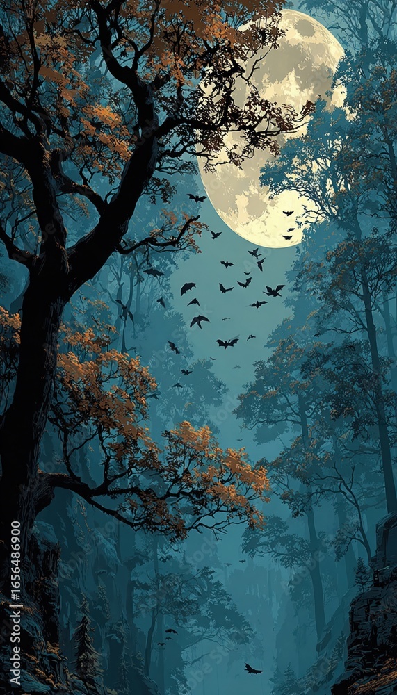 Fototapeta premium Nighttime spooky background with bats, trees, and full moon
