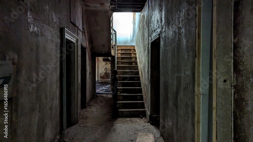 Creepy dark empty hallway, stained walls, deserted staircase. Eerie atmosphere home corridor, hall doorway, ghostly light upstairs. Abandoned house decay, derelict peeling paint. Stairway to heaven.