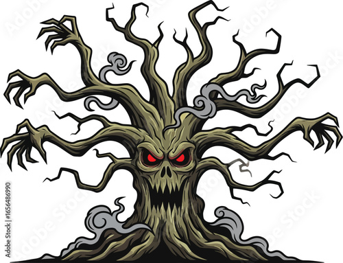 Spooky haunted tree with glowing red eyes and skeletal branches reaching out, exhaling smoke.