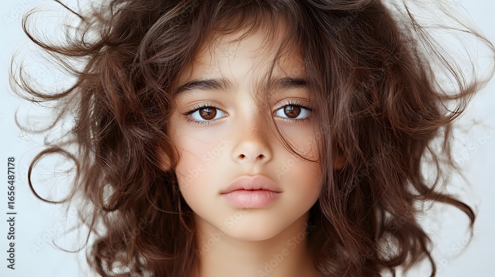 Naklejka premium Young Hispanic woman with natural messy curly brown hair and minimal makeup looking directly at camera against light background, expressing confidence and natural beauty.
