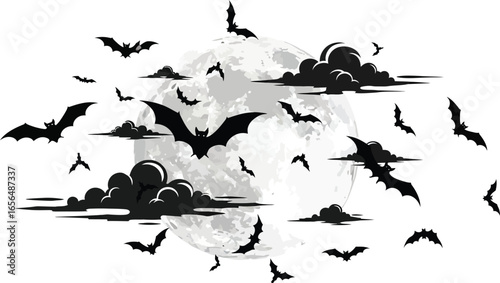 Spooky bats fly across a full moon on a cloudy night, evoking a sense of Halloween mystery.