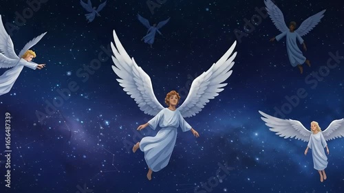 An animated angel with white wings flying in the sky with butterflies