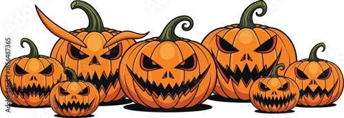Spooky group of carved Halloween pumpkins with menacing faces and sharp teeth