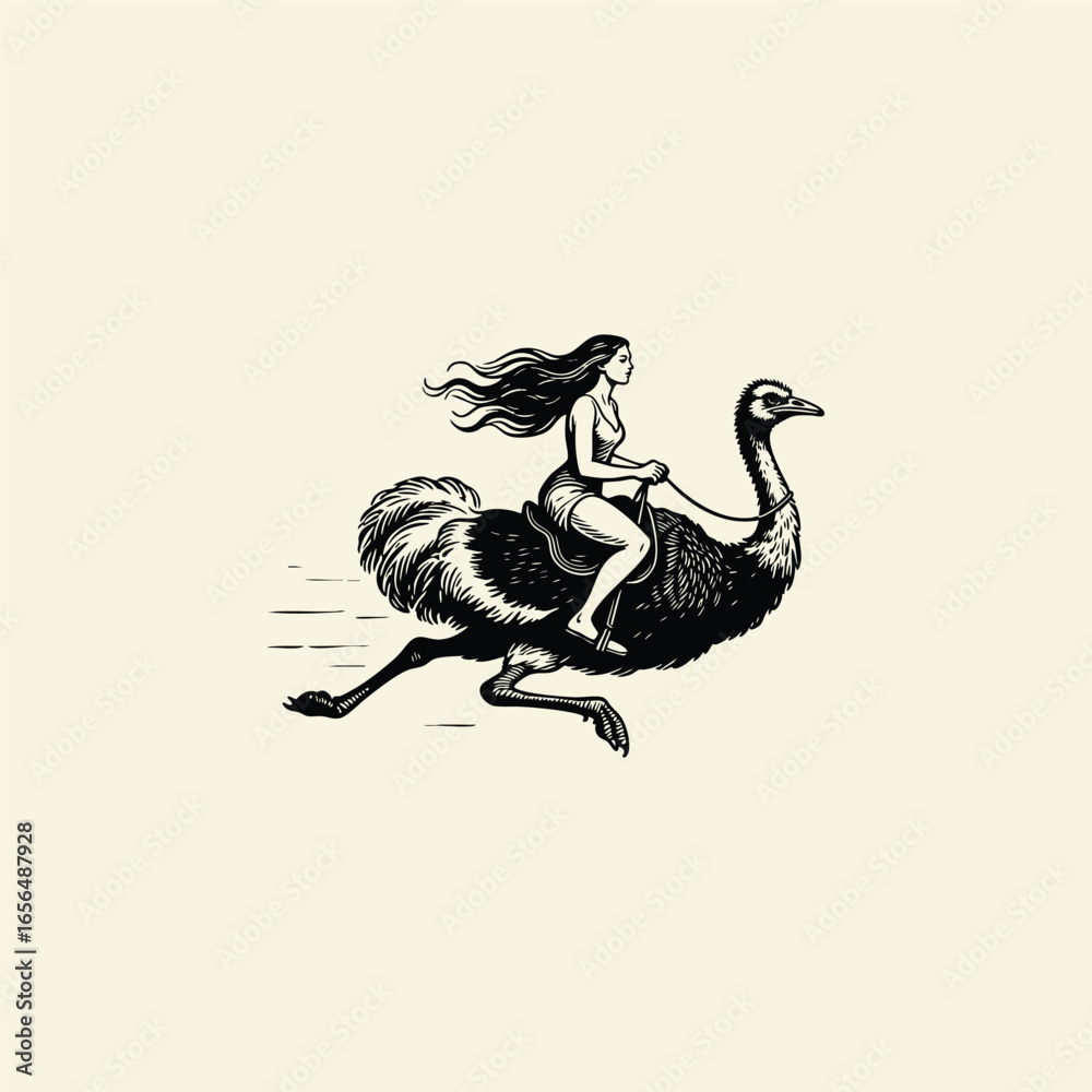 Obraz premium Engraving style logo illustration of a woman riding a running ostrich