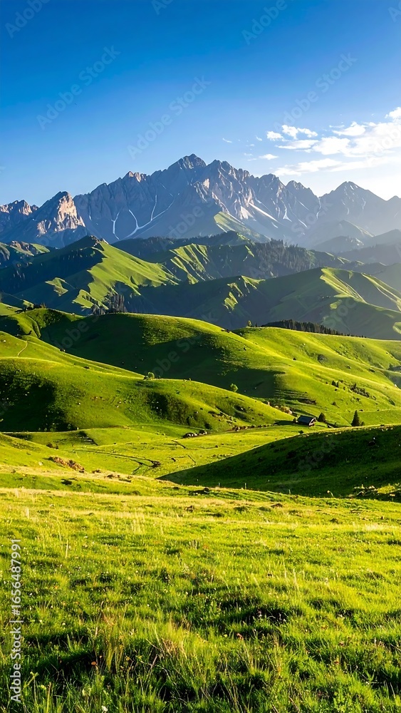 Obraz premium Lush mountain valley in sunlight