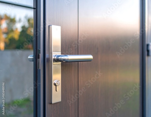 Modern door handle on a dark wood exterior door.