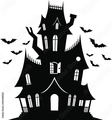 Spooky haunted mansion silhouette with flying bats for thrilling Halloween celebrations