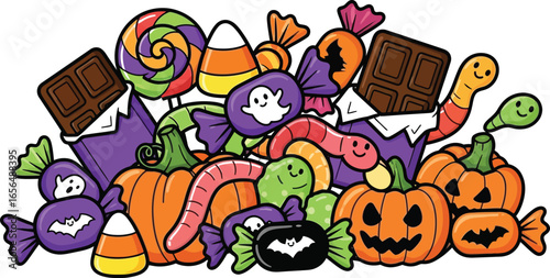 Festive Halloween candy assortment with pumpkins, sweets, and cheerful characters for holiday promotions