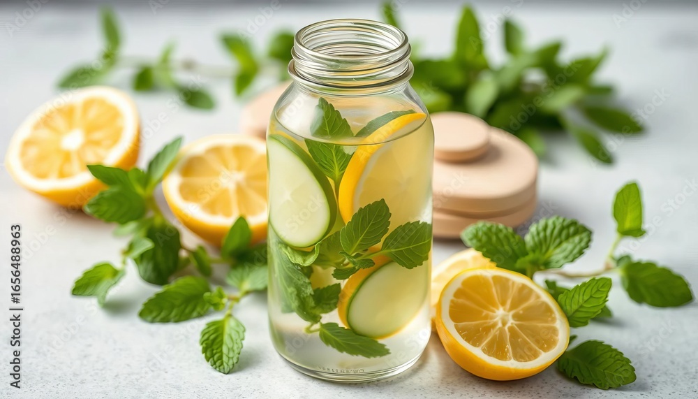 Fototapeta premium Refreshing lemon cucumber mint infused water in a clear glass bottle , healthy drink, lemon water