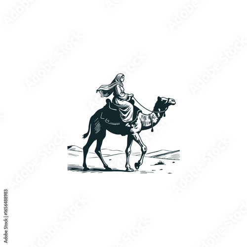 engraving style illustration of an Arab woman in traditional dress riding a decorated camel across the desert