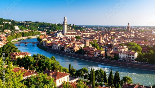 Panoramic view of a European city by a river
