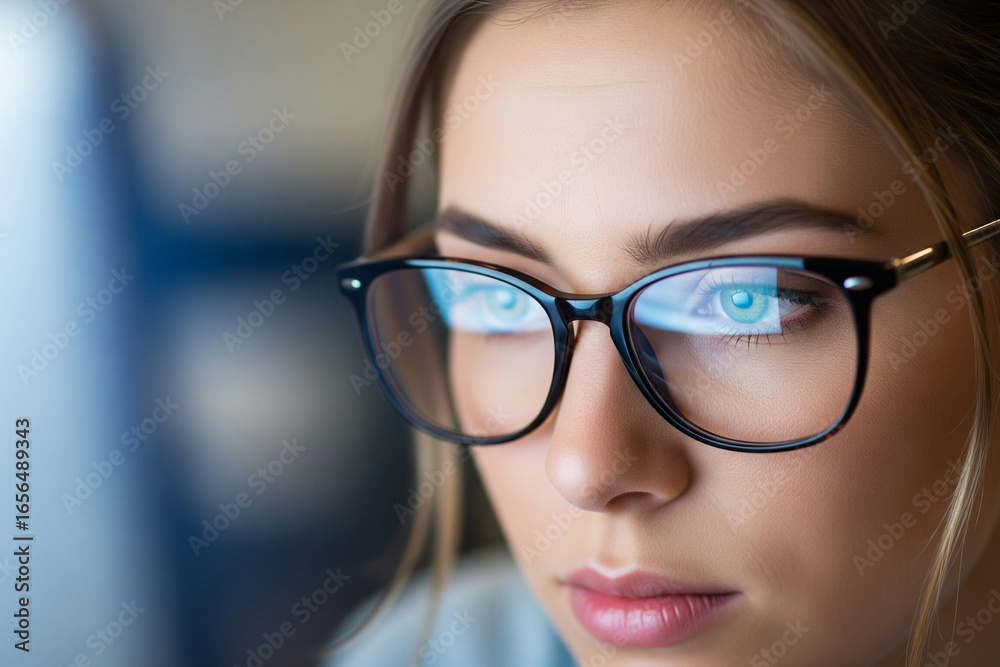 Fototapeta premium Intense Close-up - Young Womans Eyes Behind Glasses Reflecting Bright Blue Digital Screen Light