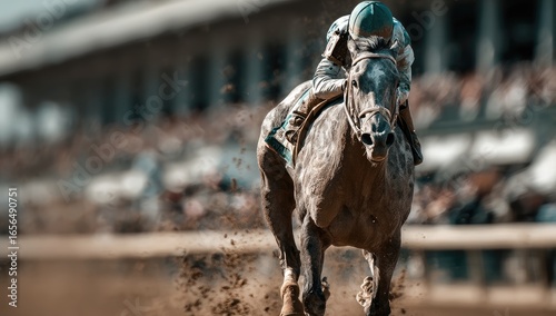 Jockey and horse in full stride at a racetrack, spectators in the background