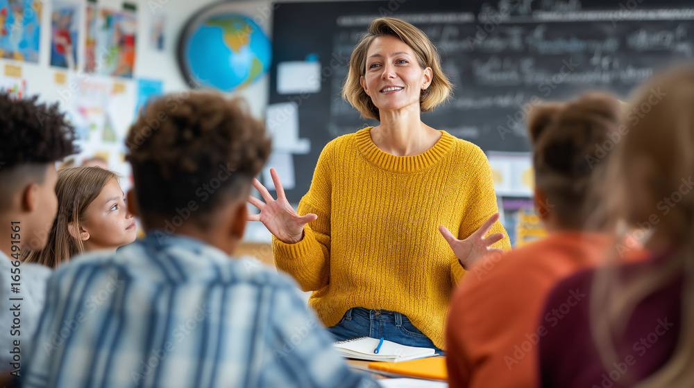 Obraz premium A storytelling facial composition lively classroom debate: passionate teacher guides rich learning journey in esteemed school setting.