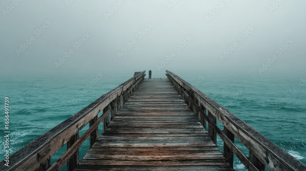 Fototapeta premium Foggy Wooden Pier Extends to Ocean Horizon